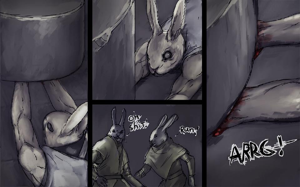 Panel 1. The toppled idol rests on Nissaya's raised arms. Panel 2. Close-up of Nissaya staring in shock. Panel 3. The two intruders look back at Nissaya and flee. The intruder at left: "Oh shit!" The intruder at right: "Run!" Panel 4. Close-up of Nissaya's forearms pinned under the idol, bloodied. Sound: "Arrg!"