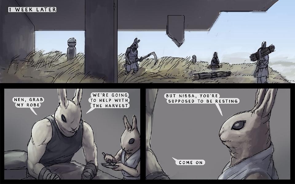 Panel 1. Rabbits cut and carry wheat on the terraces under the island. Caption: "1 week later" Panel 2. Nissaya, his forearms bandaged, sits hunched beside Nen, who holds a bowl and spoon. Nissaya: "Nen, grab my robe" Nissaya: "We're going to help with the harvest" Panel 3. Close-up of Nen looking up. Nen: "But Nissa, you're supposed to be resting" Nissaya: "Come on"