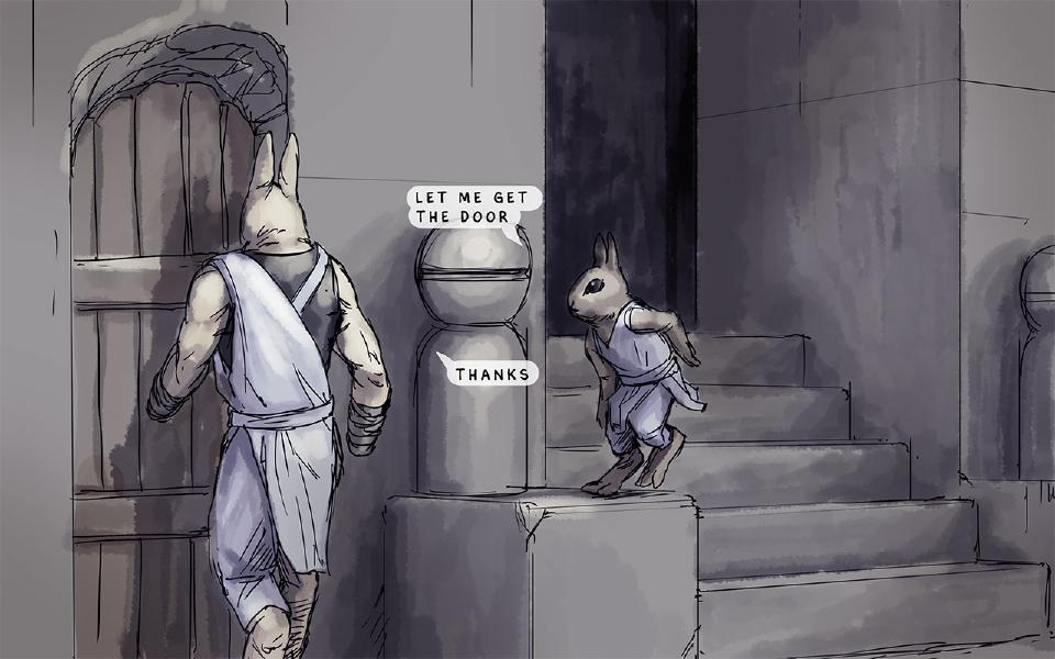 Nissaya, his forearms wrapped in bandages, stands with his back to us before a wooden door; Nen stands on a stone stair beside him. Nen: "Let me get the door" Nissaya: "Thanks"