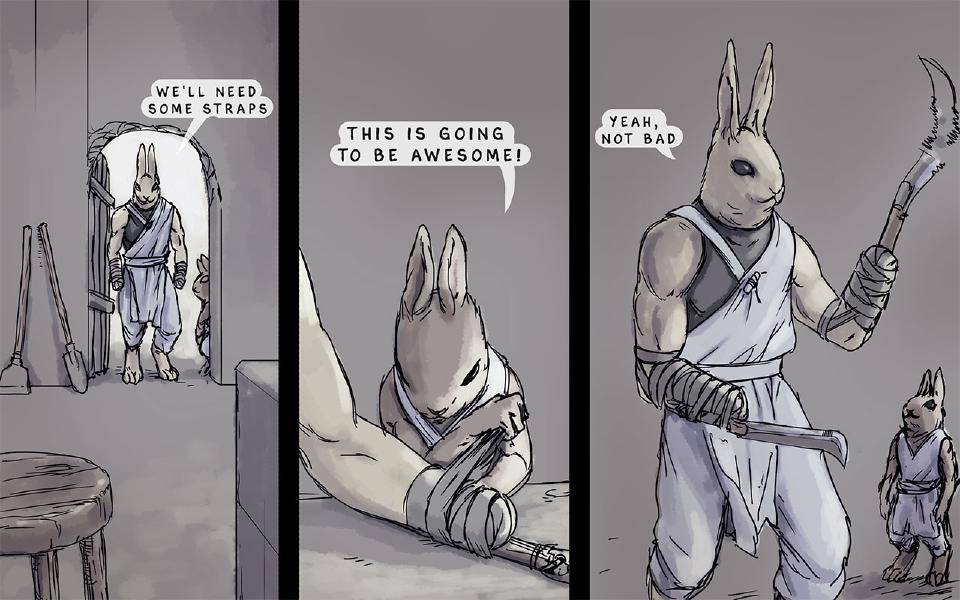 Panel 1. Nissaya comes through a doorway, his forearms bandaged; Nen peeks in at the edge. Nissaya: "We'll need some straps." Panel 2. Nen ties straps around Nissaya's bandaged forearm. Nen: "This is going to be awesome!" Panel 3. Nissaya holds up a scythe strapped to his bandaged forearm while Nen stands beside him. Nissaya: "Yeah, not bad"