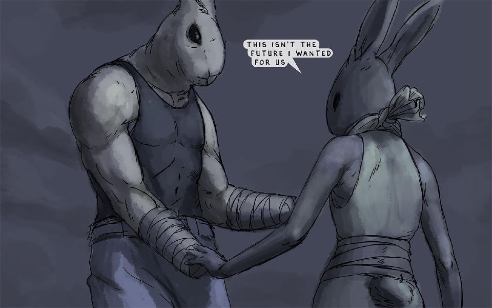Nissaya, in a dark vest, his forearms bandaged, faces Ahba, whose hand rests against his bandaged forearm; Ahba has her back turned, a scarf at her neck. Ahba: "This isn't the future I wanted for us"