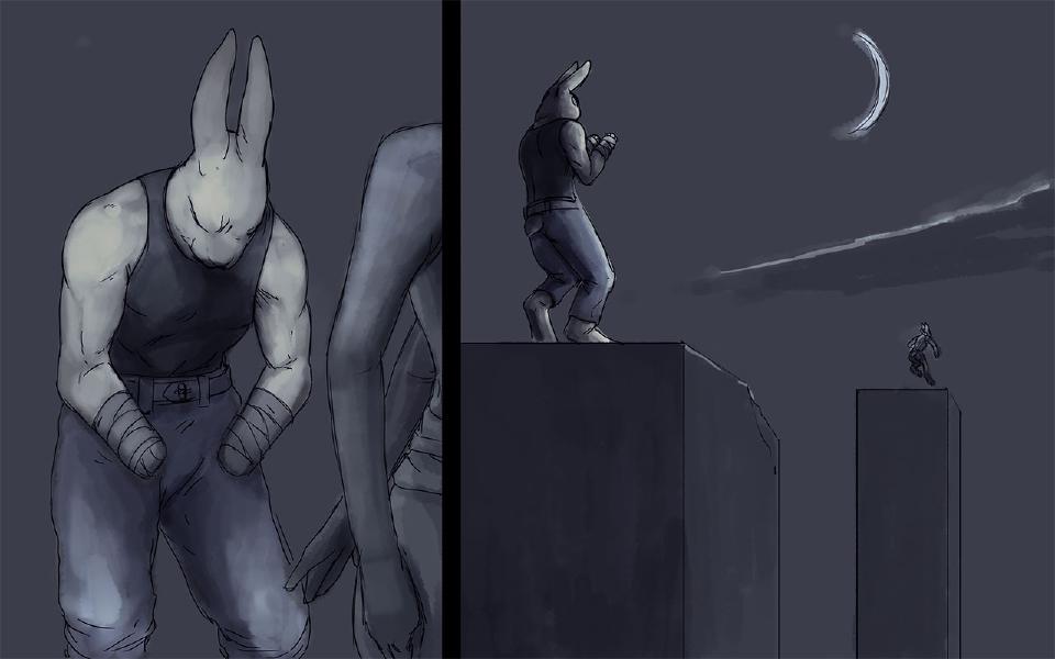 Panel 1. Nissaya stands with head bowed, bandaged stumps hanging; part of another figure's arm is at the right edge. Panel 2. Nissaya stands alone on a tall pillar under the crescent moon while a tiny figure, apparently Ahba, leaps across distant pillars.