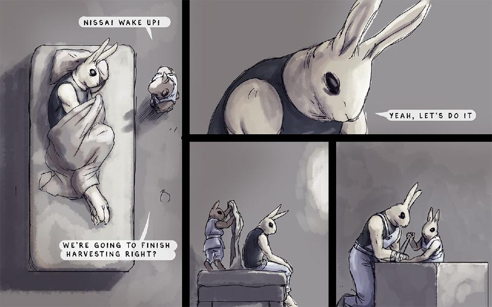 Panel 1. From above, Nissaya sleeps curled on a bed while Nen stands beside it. Nen: "Nissa! Wake up!" Nen: "We're going to finish harvesting right?" Panel 2. Close on Nissaya, head bowed, awake. Nissaya: "Yeah, let's do it" Panel 3. Nen stands on a bed holding up a long cloth while Nissaya sits beside him. Panel 4. Nissaya kneels at a stone block, a strap around his forearm, while Nen helps.