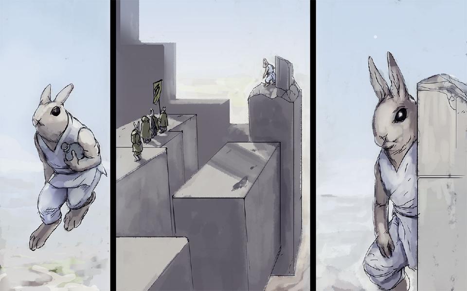 Panel 1. Nen leaps through the air carrying a canteen. Panel 2. A line of green-cloaked rabbits with a banner walks along distant stone pillars; Nen crouches on a pillar top at the upper right. Panel 3. Nen peers around the edge of a stone pillar.