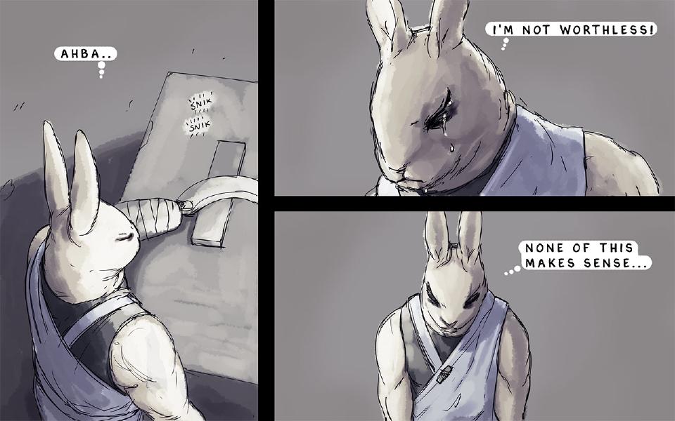Panel 1. Nissaya sits sharpening a curved blade on a stone slab, eyes closed, the blade strapped to his bandaged forearm. Nissaya thinks: "Ahba.." Sound: "Snik" Sound: "Snik" Panel 2. Close on Nissaya's face, a tear running down. Nissaya thinks: "I'm not worthless!" Panel 3. Nissaya stands with his head bowed. Nissaya thinks: "None of this makes sense..."