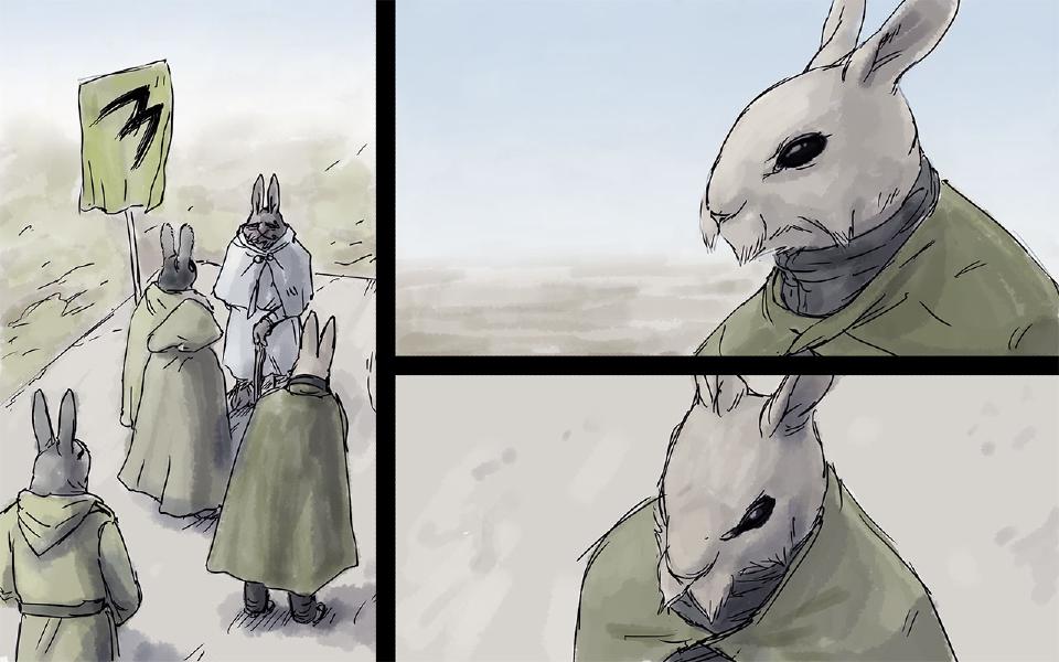 Panel 1. Green-cloaked rabbits walk a path under a green banner with a dark mark; an elderly grey-furred rabbit in a white cloak, with a cane, stands among them. Panel 2. Close on a whiskered rabbit in a green cloak, gazing out. Panel 3. Close on a rabbit in a green cloak, head lowered.