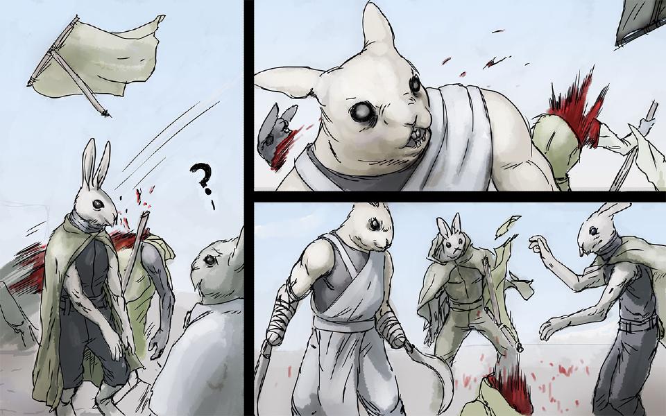 Panel 1. A tall green-cloaked rabbit is struck, blood spraying from his neck; others stand around him and a white-cloaked shoulder is in the foreground. Sound: "?" Panel 2. Close on Nissaya, teeth bared and fur flecked with blood; at the right a green-cloaked rabbit is cut and sprays blood. Panel 3. Nissaya, blades on his bandaged forearms, stands among green-cloaked rabbits; one lies cut down at the bottom and the others recoil.