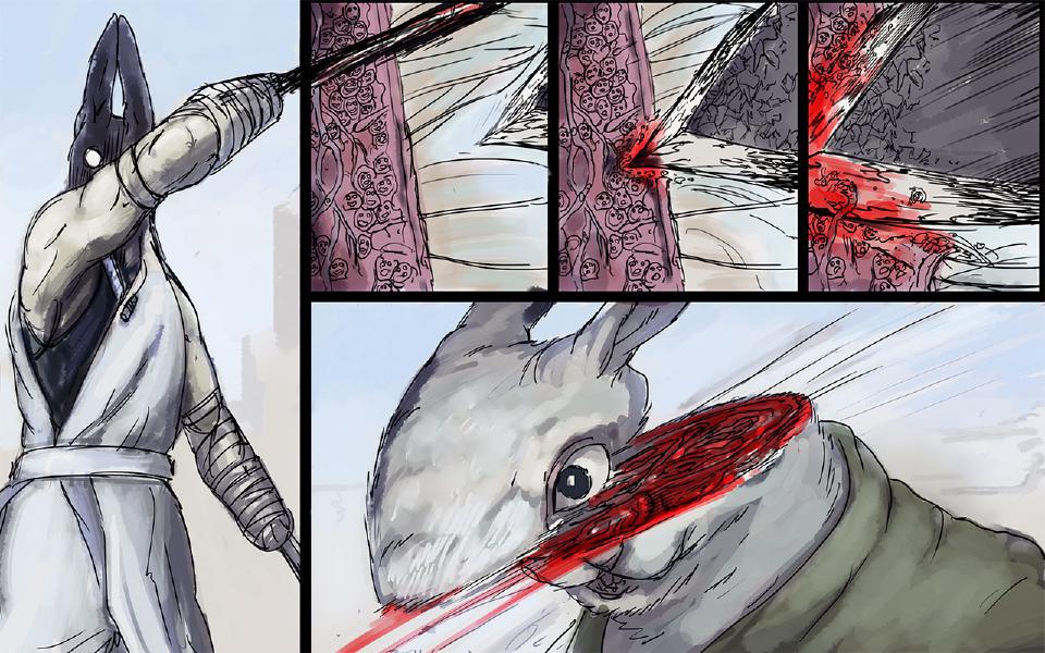 Panel 1. Nissaya swings a curved blade in a great arc, his head dark against the sky. Panel 2. A black blade sweeps in toward a pink column covered in tiny faces. Panel 3. The blade cuts into the column and blood bursts. Panel 4. The blade drags through, blood streaming. Panel 5. Close on a wide-eyed green-cloaked rabbit's face struck by a red spray.
