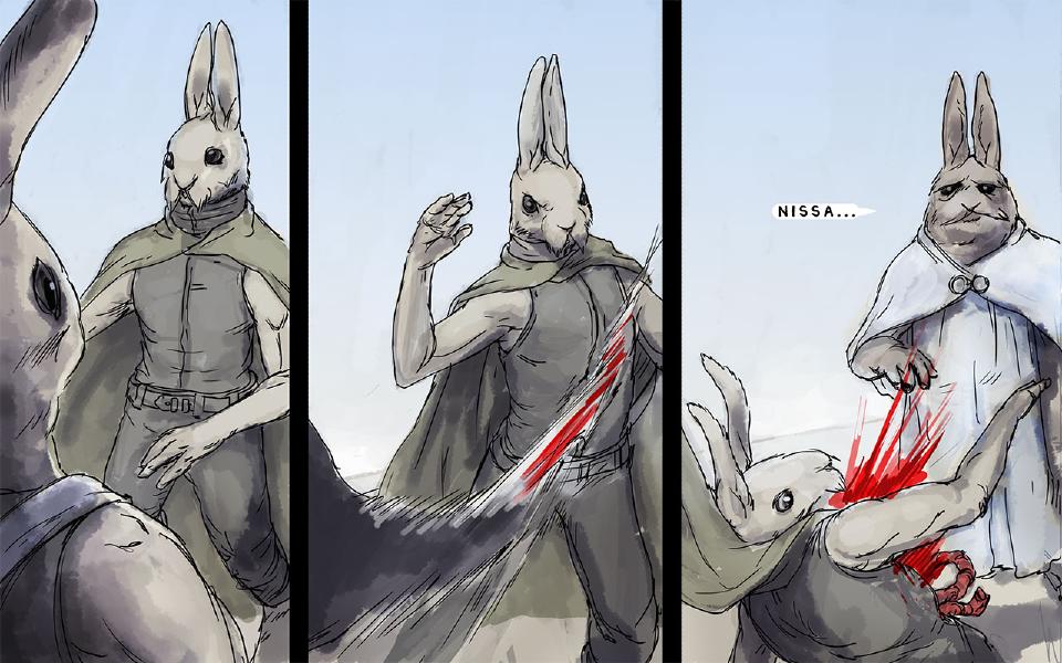 Panel 1. A green-cloaked rabbit stands calmly; a dark shape looms at the left edge. Panel 2. He raises a hand as a dark blade slashes across his side, blood spraying. Panel 3. He lies on the ground, bleeding, while the old white-cloaked rabbit looks on. The Master: "Nissa..."