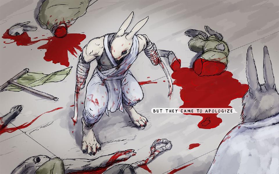 Nissaya, spattered with blood, crouches with blades strapped to his bandaged forearms among dead green-cloaked rabbits, severed heads, pools of blood and a fallen green banner. The old white-cloaked rabbit is at the right edge. The Master: "But they came to apologize"