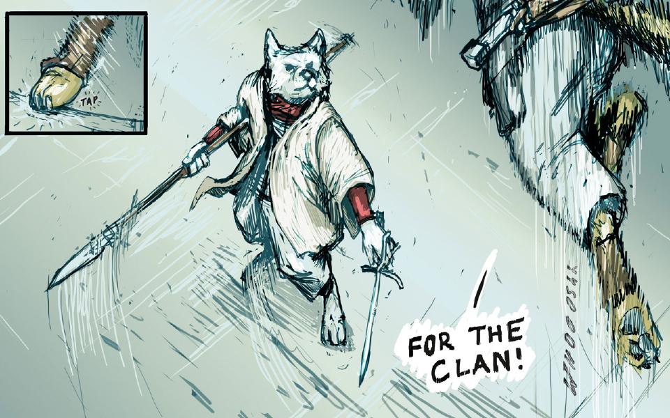 Panel 1. The yellow dog's paw presses the ground. Sound: "Tap" Panel 2. The white wolf stands braced with spear and short blade as the yellow dog launches at him from above; only the dog's leg and foot are in frame at the right. The armored yellow dog: "For the clan!" Sound: "Whoosh"