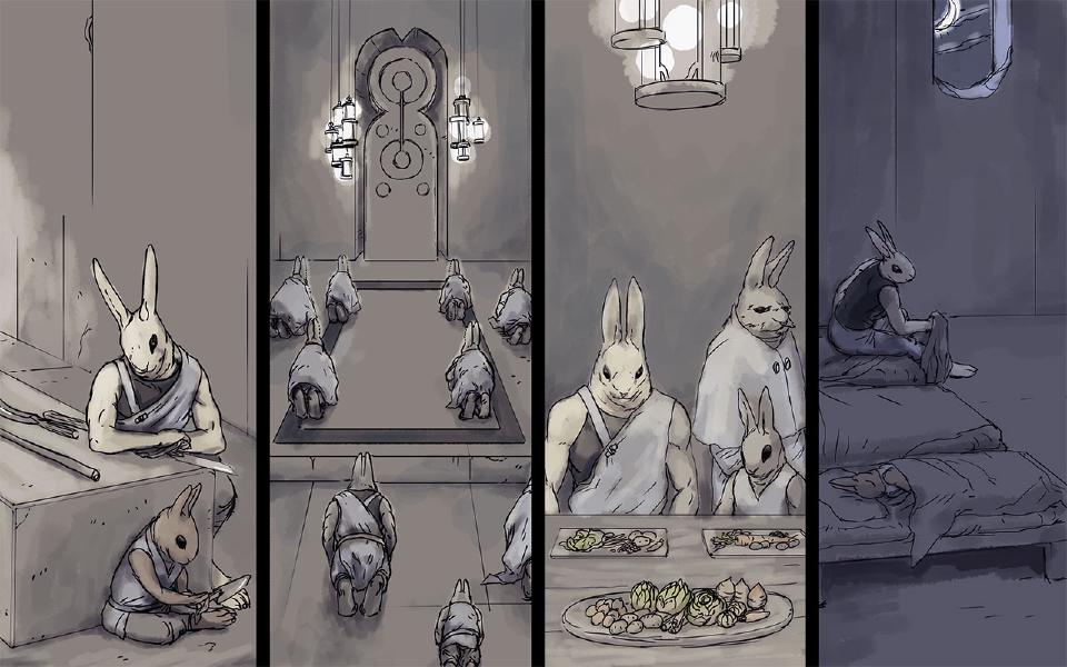 Panel 1. Wordless. Nissaya and Nen sharpen blades and tools in a stone workroom. Panel 2. Rows of monks bow to the floor before a lantern-lit stone door. Panel 3. Nissaya and Nen sit at a meal beside an old white-cloaked rabbit. Panel 4. Night. Nissaya sits on the edge of his bed while Nen sleeps in the bed below.