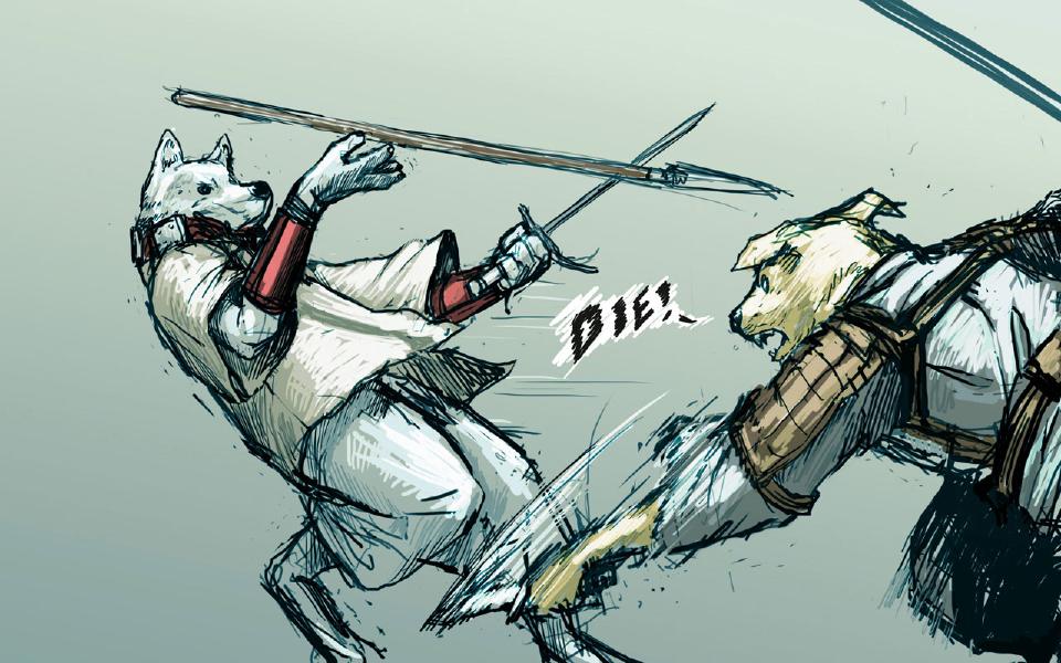 The yellow dog lunges at the white wolf, who is knocked back, his spear flying from his hand. The armored yellow dog: "Die!"