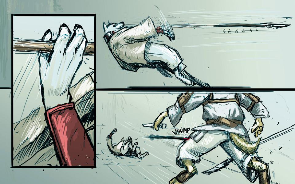 Panel 1. Close on the white wolf's hand, with a red wrist guard, gripping a spear shaft. Panel 2. The wolf twists through the air as his spear streaks away to the right. Sound: "Shhhhh" Panel 3. The wolf lies sprawled at the left as the yellow dog charges, the spear stuck in his thigh. Sound: "Whump"