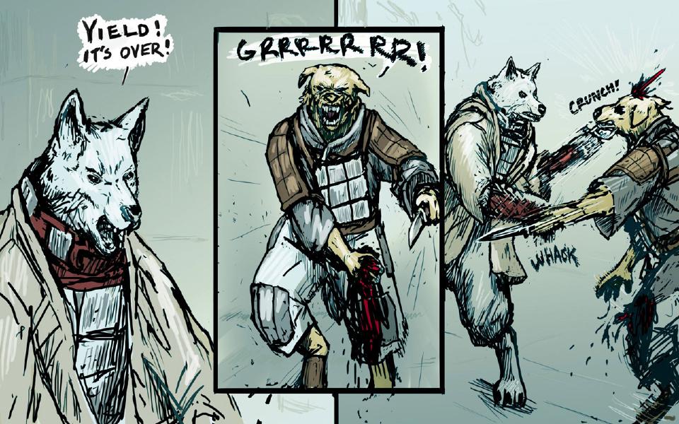 Panel 1. Close on the white wolf, teeth bared, shouting. The white wolf: "Yield! It's over!" Panel 2. The armored yellow dog snarls and charges, a knife in his hand. The armored yellow dog: "Grrrrrrr!" Panel 3. The dog's knife stabs the wolf's bloodied forearm while the wolf's blade strikes the dog's head. Sound: "Crunch!" Sound: "Whack"