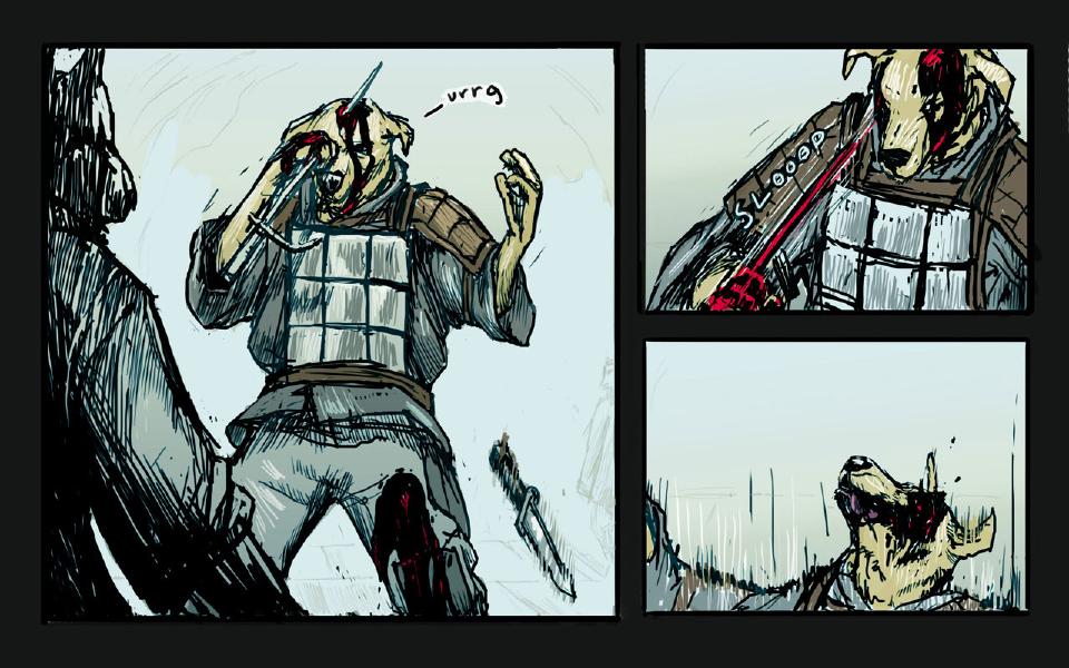 Panel 1. The yellow dog, a blade through his head, clutches at it; a dropped blade is at the lower right and a dark figure at the left edge. The armored yellow dog: "—urrg" Panel 2. Close on the dog's bleeding head and armored chest, a red-streaked blade at his shoulder. Sound: "Slooop" Panel 3. The dog lies on the ground, head tilted back, blood over his eyes.