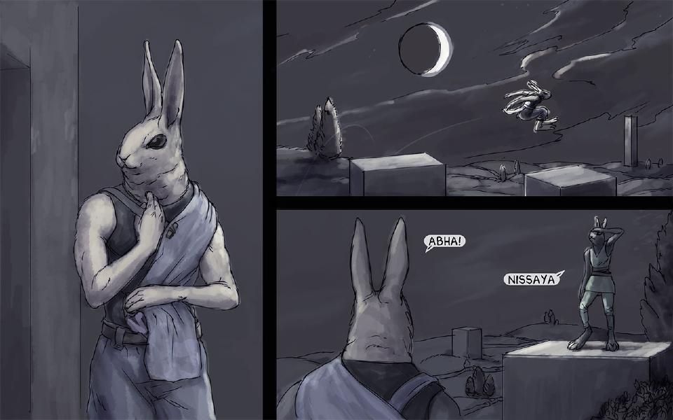 Panel 1. Night. Nissaya stands thoughtfully by a wall. Panel 2. Under a crescent moon, Nissaya leaps across stone blocks. Panel 3. Nissaya, seen from behind, faces the rabbit in the green tunic, who stands on a block with a hand raised to the brow. Nissaya: "Abha!" Ahba: "Nissaya"