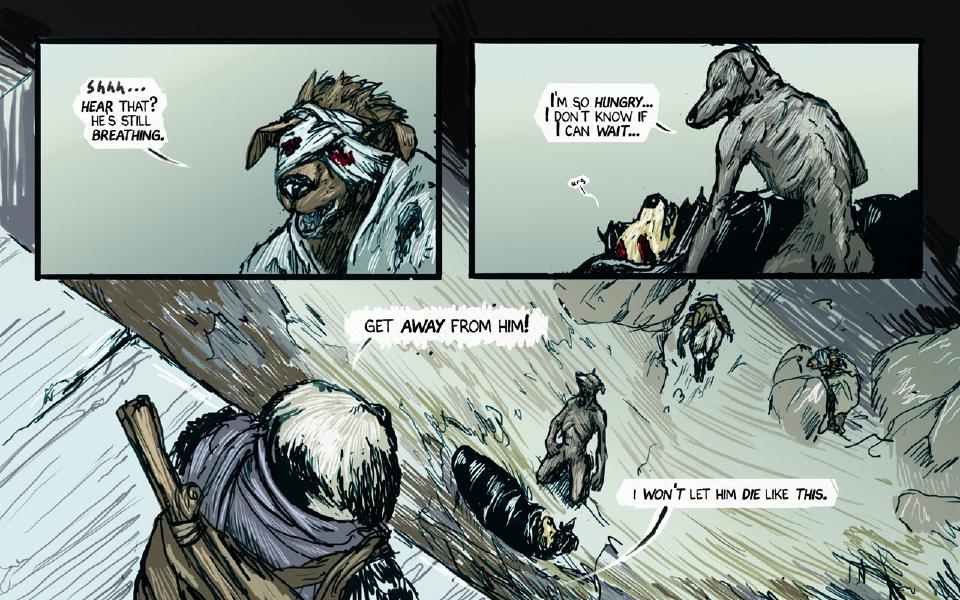 Panel 1. A scavenger with a bandaged head, red marks at the eyes, whispers. The bandaged dog: "Shhh... Hear that? He's still breathing" Panel 2. The thin gray scavenger leans over the wounded dog lying in the black bundle, hungry; the wounded dog stirs. The thin gray dog: "I'm so hungry... I don't know if I can wait..." Sound: "Urs" Panel 3. Seen from above, the traveler with a staff on his shoulder, back to us, steps in toward the bundle where the scavengers stand. The traveler: "Get away from him!" The traveler: "I won't let him die like this"