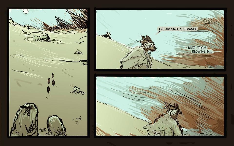 Panel 1. Footprints lead up a sandy slope to a distant crest; two hooded figures are hunched at the bottom, backs to us. Panel 2. Taff, bandaged over the eyes and in a cream shawl, sniffs the wind; a small dog crouches on the dune crest at the upper left, and a brown dust storm sweeps in from the right. Taff: "The air smells strange" Taff: "Dust storm blowing in..." Panel 3. Taff faces the oncoming dust storm.