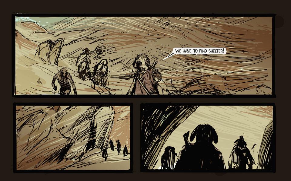 Panel 1. In a thick brown sandstorm, Janner leads the three other travelers, all bent against the wind. Janner: "We have to find shelter!" Panel 2. Tiny silhouettes of the group struggle along the foot of a cliff in the swirling dust. Panel 3. Silhouetted in a cave mouth, the travelers take shelter, Janner at the center with a hand raised.