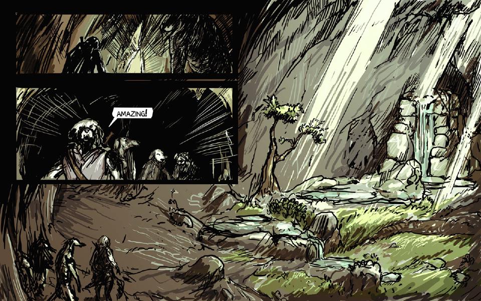 Panel 1. A dark tunnel; a silhouetted traveler with a staff on his back walks in. Panel 2. At the tunnel's end Janner, in front, stares ahead; Chase, Brummie and Taff stand behind him. Janner: "Amazing!" Panel 3. A hidden cavern: sunbeams fall through the roof onto a pond, a small tree and a waterfall; the group stands small at the lower left.