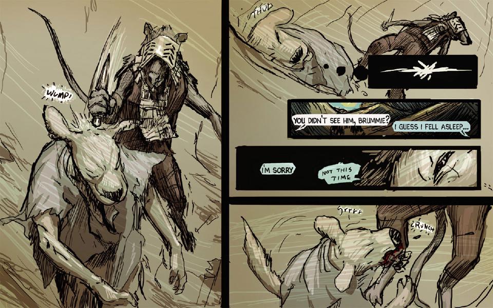 Panel 1. A masked, rat-faced raider swings a weapon into Brummie, who reels back with his head thrown back. Sound: "Wump!" Panel 2. Brummie falls; the raider leaps over him. A black inset at the right shows a white impact flash. Sound: "Thud" Panel 3. A narrow strip replaying page 69: a sunrise sky. Janner: "You didn't see him, Brummie?" Brummie: "I guess I fell asleep..." Panel 4. A narrow strip replaying page 69: the stretcher, with Brummie's balloons across it. Brummie: "I'm sorry" Brummie: "Not this time" Panel 5. On the ground, Brummie bites the raider's arm. Sound: "Grrrr" Sound: "Crunch"