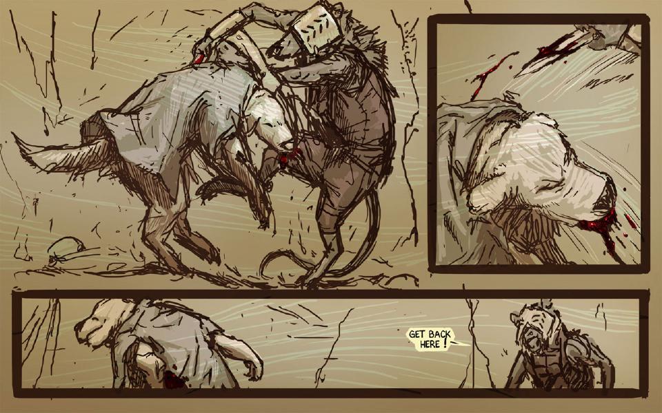 Panel 1. Brummie, a white-haired dog, and the rat-masked raider grapple on the ground; Brummie's teeth are in the raider's arm. Panel 2. Close up, Brummie's blood-stained jaw and a blade slash across the corner. Panel 3. Brummie lies at the left, bleeding; the raider crouches at the right and shouts after him. The rat-masked raider: "Get back here!"