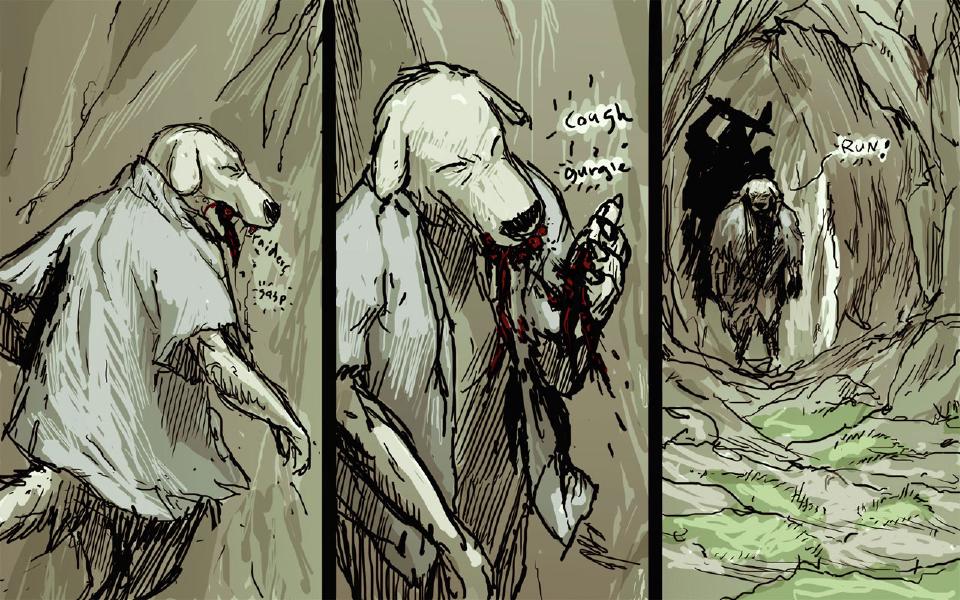 Panel 1. Brummie, hooded, staggers in, blood running from his throat. Brummie: "Raiders" Sound: "gasp" Panel 2. Close up, Brummie clutches his bleeding throat and coughs. Sound: "cough" Sound: "gurgle" Panel 3. A cave interior: a shaggy traveler stands facing us while a dark raider raises a blade behind him. Janner: "Run!"
