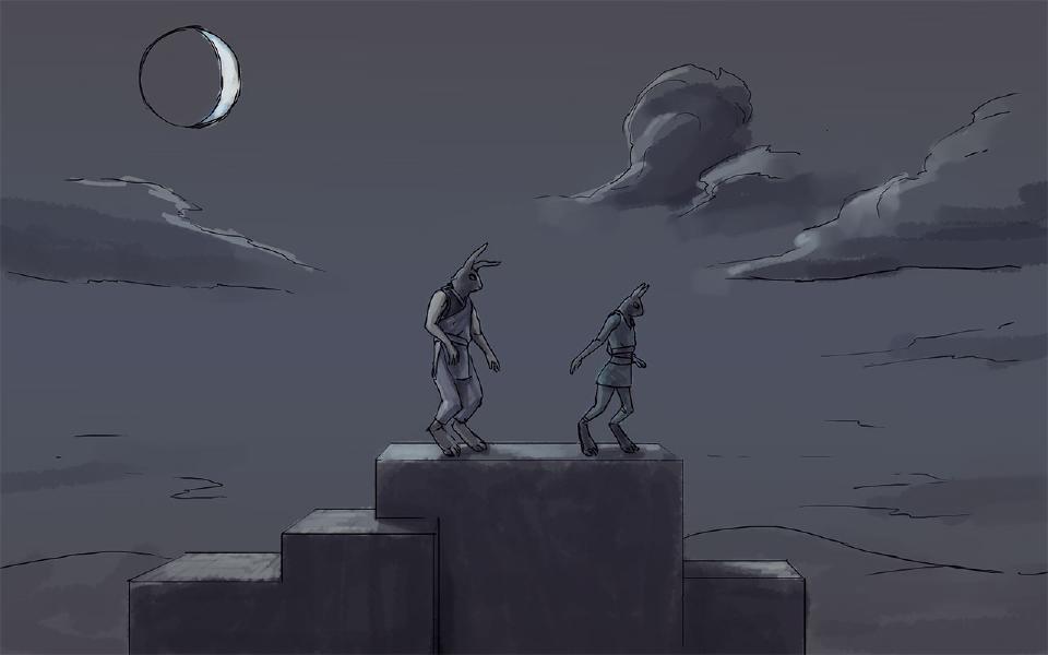 Under a crescent moon and dark clouds, Nissaya and Ahba walk away from each other along the top of a stack of stone blocks.