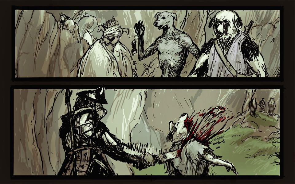 Panel 1. In the cave, Taff, blindfolded, Chase, hand raised, and Janner, with a staff on his back, react. Panel 2. The big armored raider drives a sword into Brummie, who sinks bleeding; far off at the upper right, small figures stand on a green hill. Sound: "Chunk"