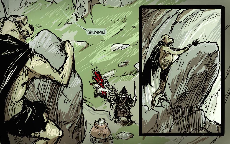Panel 1. The shirtless, cloaked warrior strains to lift a huge boulder in the foreground; far off, the armored raider stands over Brummie's body. Sound: "huff" Someone: "Brummie!" Panel 2. The warrior climbs up the face of the boulder and heaves at it. Sound: "Crack"