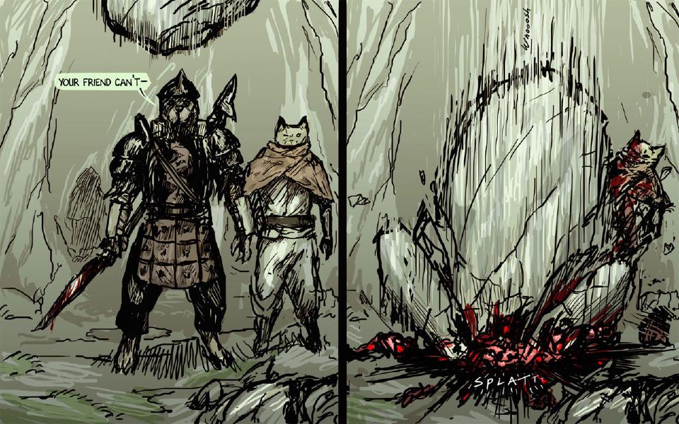 Panel 1. The armored raider, a bloody sword in his hand, stands beside the cat-faced raider in the scarf; the underside of a boulder shows above. The armored raider: "Your friend can't-" Panel 2. The huge boulder drops onto the cat-faced raider and bursts in blood. Sound: "Whooosh" Sound: "Splatt"