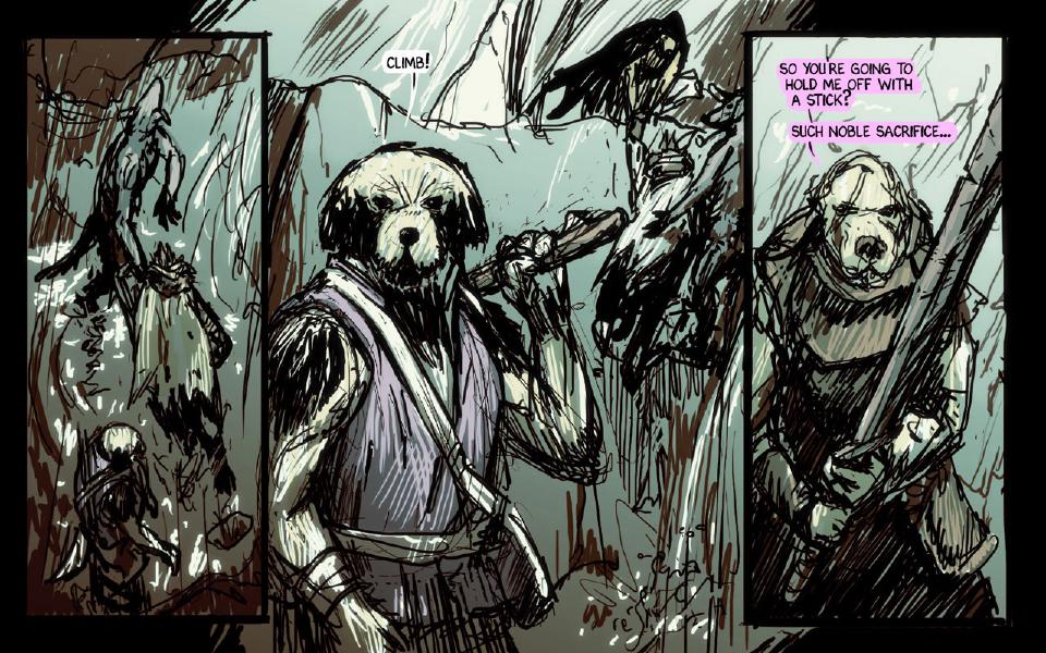 Panel 1. Two figures cling to a rock wall in a narrow panel. Panel 2. Janner, a staff over his shoulder, stands in the foreground while a dark cloaked figure climbs the rock behind him. Janner: "Climb!" Panel 3. The bear-faced raider, hooded, grips a huge sword. The bear-faced raider: "So you're going to hold me off with a stick?" The bear-faced raider: "Such noble sacrifice..."