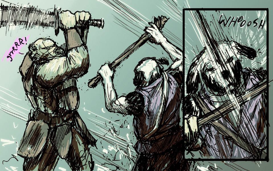 Panel 1. The bear-faced raider swings a huge sword overhead at Janner, who braces a wooden staff above his head. The bear-faced raider: "Grrrr!" Panel 2. Inset close view of a snarling, shadowed face with the staff held across it as a blade streaks down. Sound: "Whooosh"