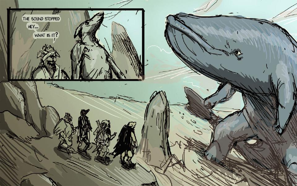 Panel 1. A bandaged, spiky-haired dog at the left stands beside a robed dog who tilts his head back to listen. Taff: "The sound stopped" Taff: "Hey..." Taff: "What is it?" Panel 2. An enormous blue whale rears up on its flippers above four small travelers walking along a ridge between standing stones.