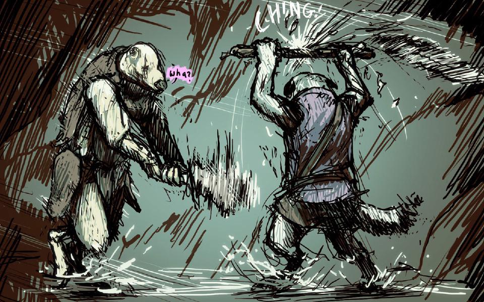 Janner blocks the bear-faced raider's huge sword with his wooden staff held overhead; the raider stares. Sound: "Ching!" The bear-faced raider: "Wha?"