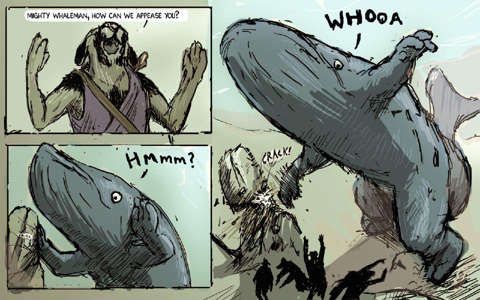 Panel 1. Janner, in his purple vest, raises both hands. Janner: "Mighty whaleman, how can we appease you?" Panel 2. The whale's head in close view, one flipper raised beside its mouth. The whale: "Hmmm?" Panel 3. The whale rears up high and crashes onto the rocks, where small dark figures raise their arms below. The whale: "Whooa" Sound: "Crack!"