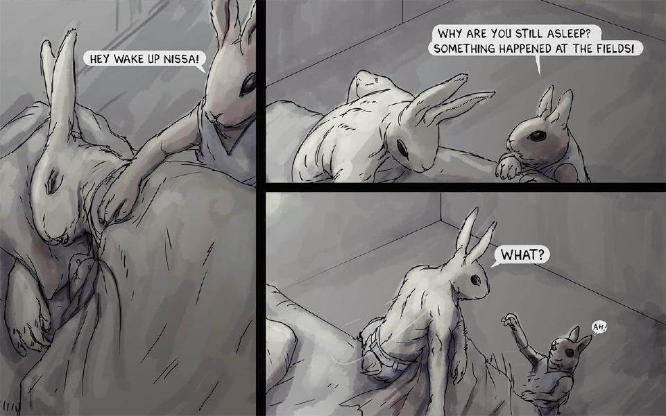 Panel 1. Nen shakes the sleeping Nissaya. Nen: "Hey wake up Nissa!" Panel 2. Nissaya lies on the bed; Nen is beside him. Nen: "Why are you still asleep?" Nen: "Something happened at the fields!" Panel 3. Nissaya sits up and Nen leaps back. Nissaya: "What?" Nen: "Ah!"