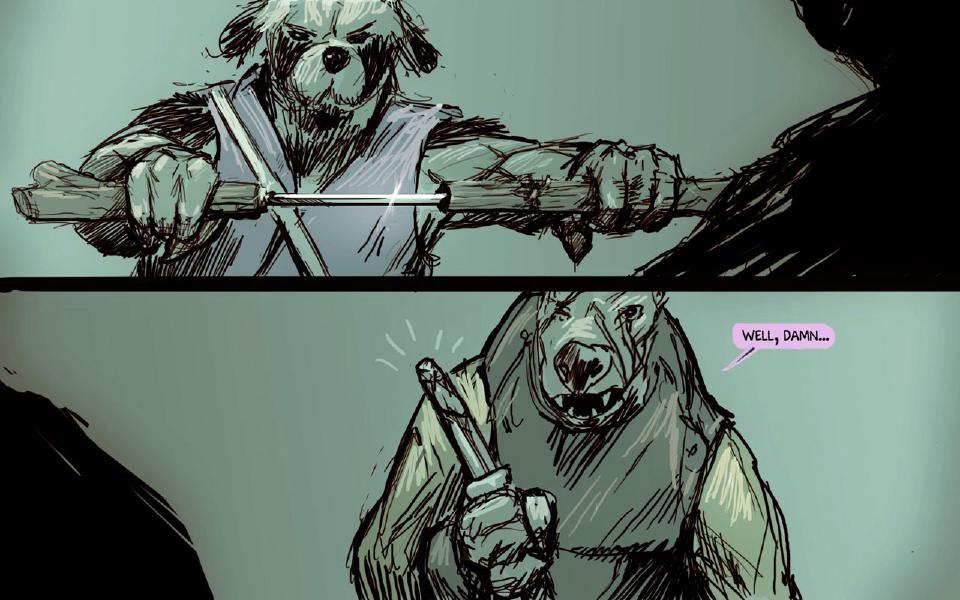 Panel 1. Janner holds his wooden staff in both hands; a bright steel blade shows in the middle of it. Panel 2. The bear-faced raider, mouth open, holds up a short stub in one hand. The bear-faced raider: "Well, damn..."
