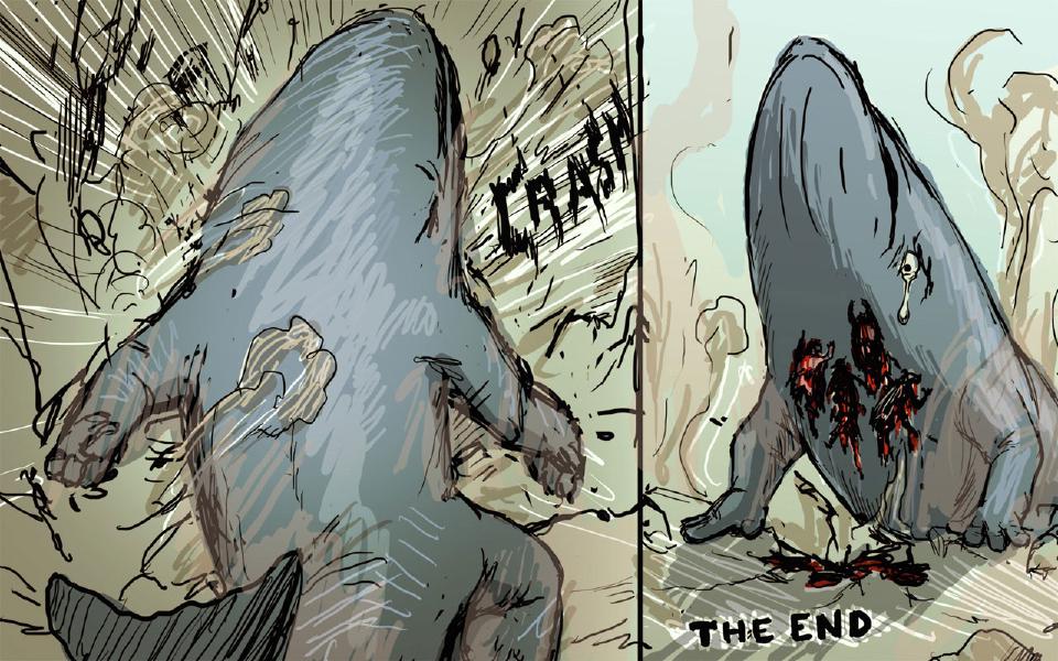 Panel 1. The whale crashes down in a cloud of dust and flying debris. Sound: "Crash" Panel 2. The whale stands on its flippers, weeping, with red gore on its belly and blood pooled on the ground. Caption: "The end"