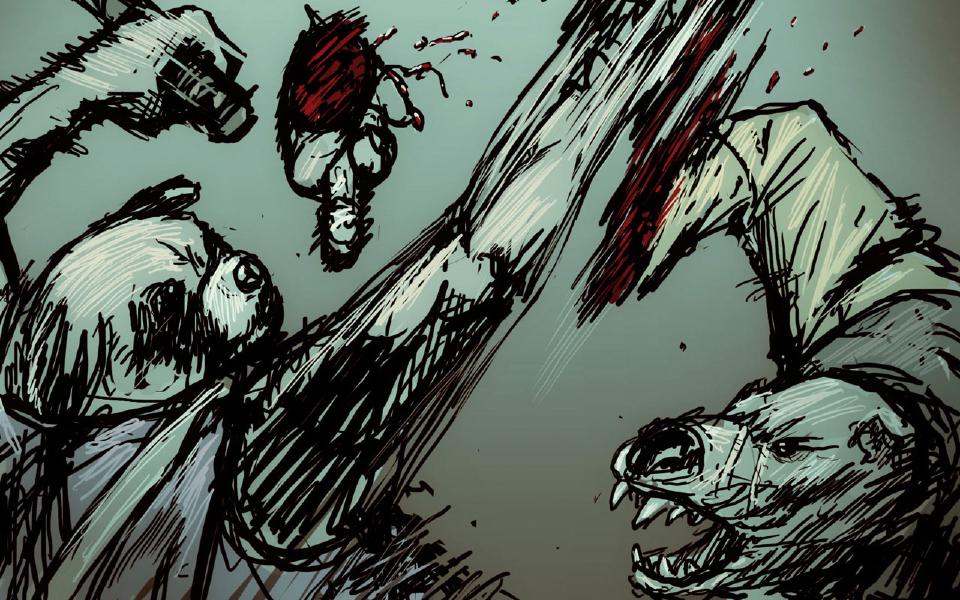 A long blade sweeps diagonally across the panel, trailing blood. A severed hand sprays blood through the air at the top. A snarling bear-faced raider recoils at the lower right.