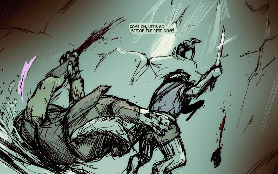 Janner raises a bloody blade beside the fallen bear-faced raider, whose arm trails blood at the left. A small dark figure crouches on a rock above. A small figure on a rock above: "Come on, let's go before the rest come!" Sound: "Grrrr"