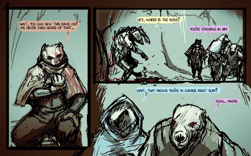 Panel 1. The cat crouches in its bloodied cloak, holding something in its hands. The cat: "Wait, you can sew this back on? I've never even heard of that..." Panel 2. A masked figure stands in blood at the left; at the right, cloaked figures stand together. A masked figure: "Hey, where is the boss?" Slim: "You're standing in him" Panel 3. The plague-masked figure, hooded, faces the bear-faced Slim, whose eye is red. The plague-masked figure: "Wait, that means you're in charge right Slim?" Slim: "Yeah... maybe"