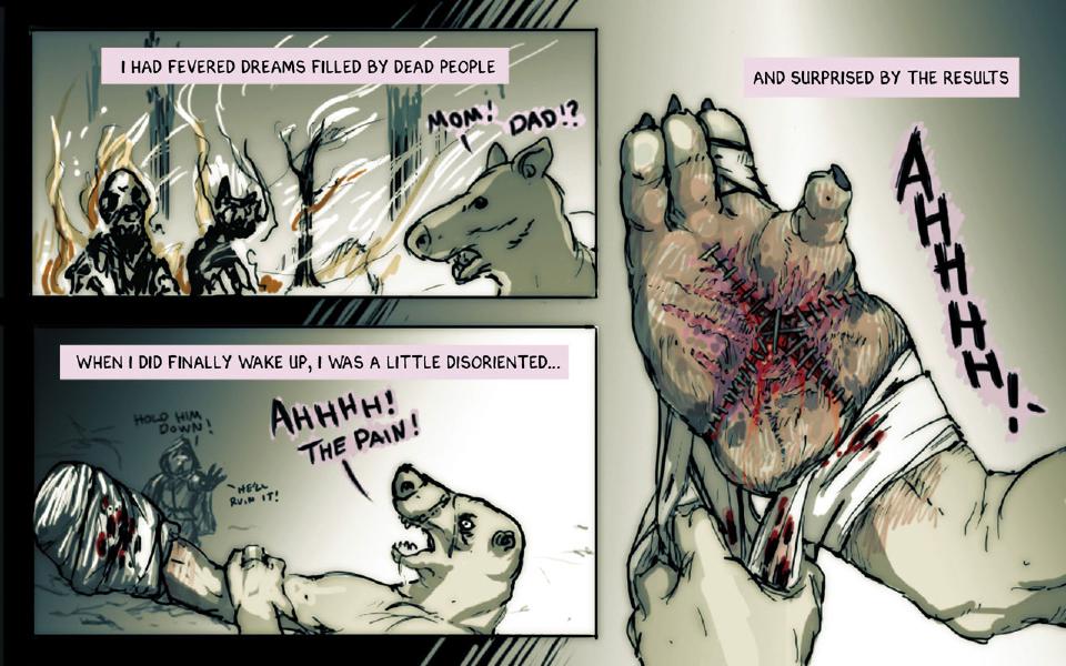 Panel 1. Two burning figures stand among bare trees; a small rat-faced figure in the foreground looks toward them. Caption: "I had fevered dreams filled by dead people" Slim: "Mom!" Slim: "Dad!?" Panel 2. Slim lies bandaged and screaming while a faint hooded figure stands behind him. Caption: "When I did finally wake up, I was a little disoriented..." A hooded figure: "Hold him down!" Slim: "Ahhhh! The pain!" A hooded figure: "He'll ruin it!" Panel 3. Close view of a stitched, bandaged hand held up. Caption: "And surprised by the results" Slim: "Ahhhh!"