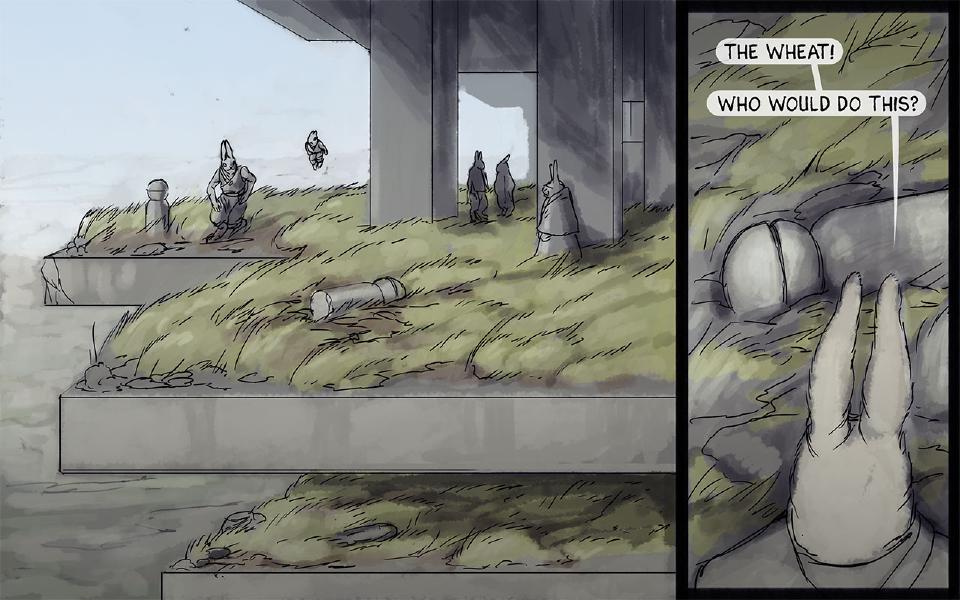 Panel 1. On the grassy terraces beneath the island, rabbits stand among flattened wheat and a fallen stone pillar. Panel 2. Tall close-up of a rabbit seen from behind, looking down at the flattened grass. Nissaya: "The wheat!" Nissaya: "Who would do this?"