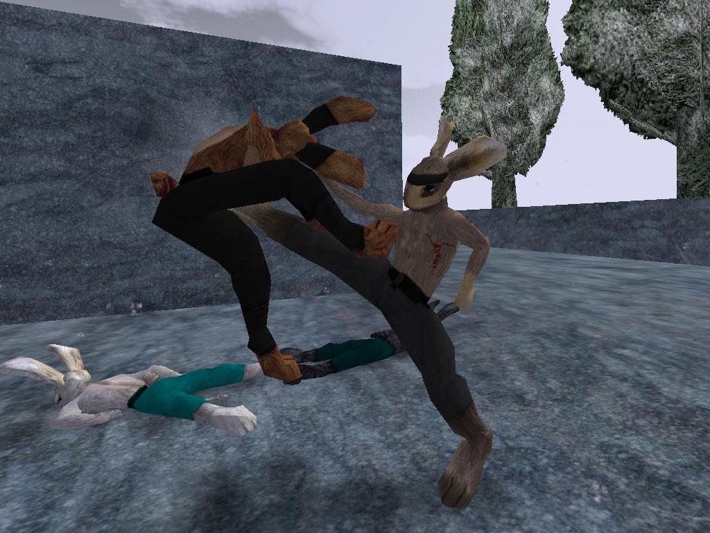 Lugaru: a masked rabbit delivers a high flying kick to a brown opponent while a white rabbit lies on a stone floor.