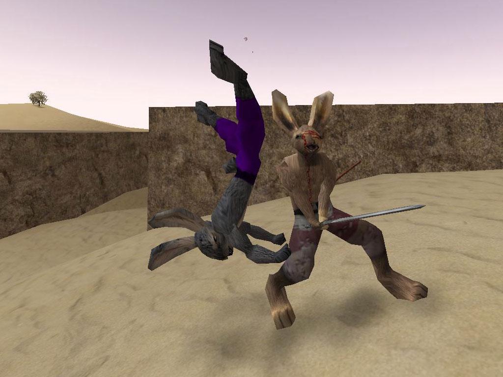 Lugaru: a wounded rabbit holding a sword stands in front of a gray rabbit flipping upside down in a desert canyon.