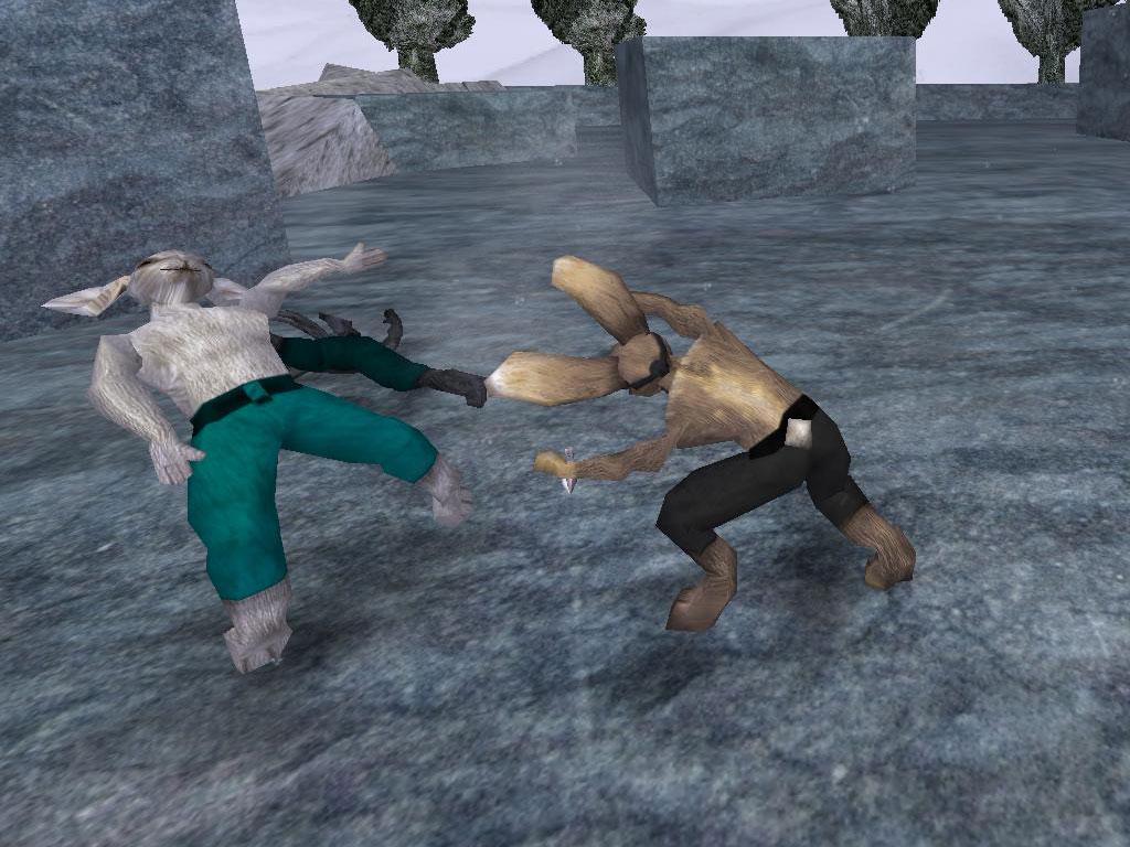 Lugaru: a masked brown rabbit with a knife strikes a white rabbit in green trousers, who falls back on a stone floor.