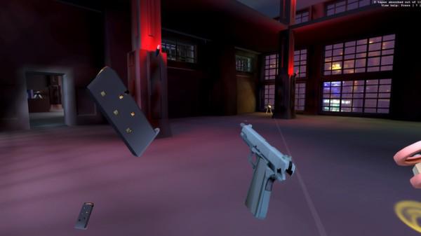 Receiver: first-person view of a pistol and a floating ejected magazine in a dim warehouse with red-lit pillars and lit windows.