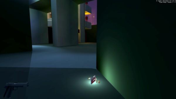 Receiver: a dark hallway with a pistol at the lower left and a glowing red cassette tape and bullets on the floor.